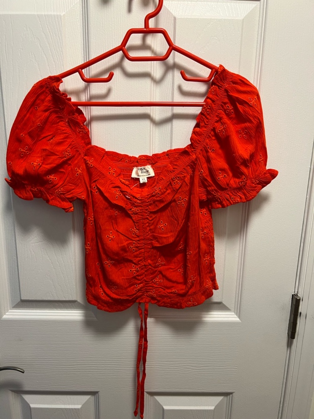 Red Eyelet Puff-Sleeve Crop Top with Drawstring